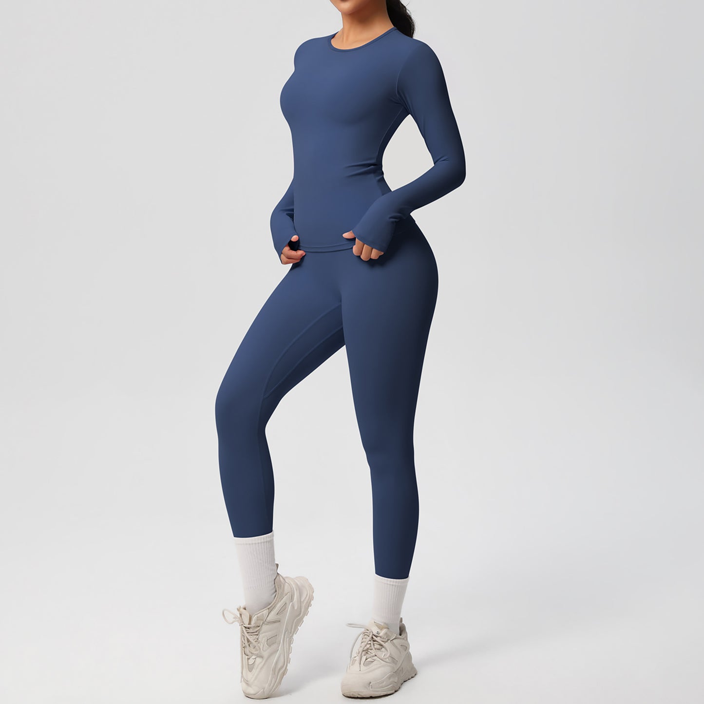 Long Sleeve Crew Neck Top and High Waist Leggings Set with Slim Fit Design