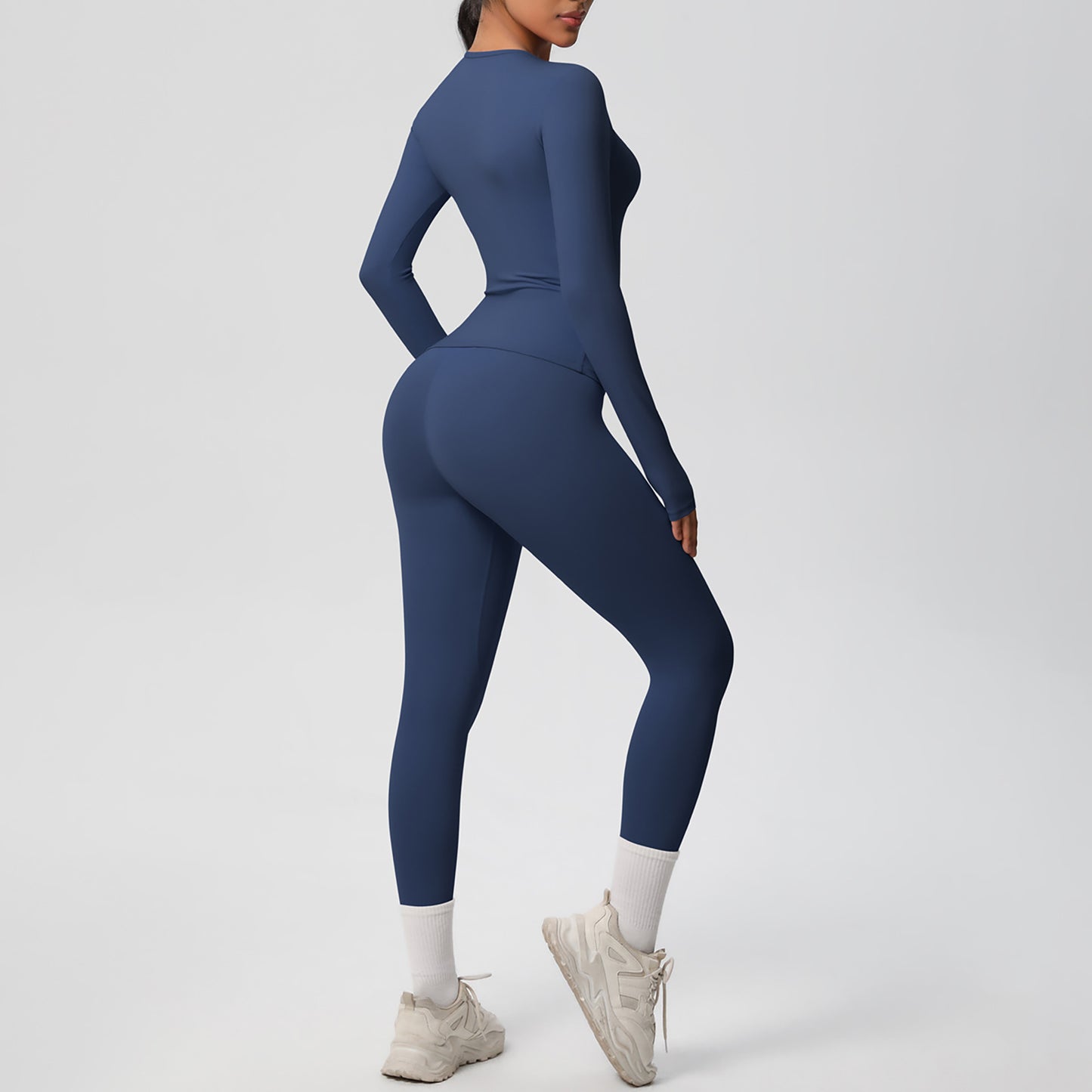 Long Sleeve Crew Neck Top and High Waist Leggings Set with Slim Fit Design