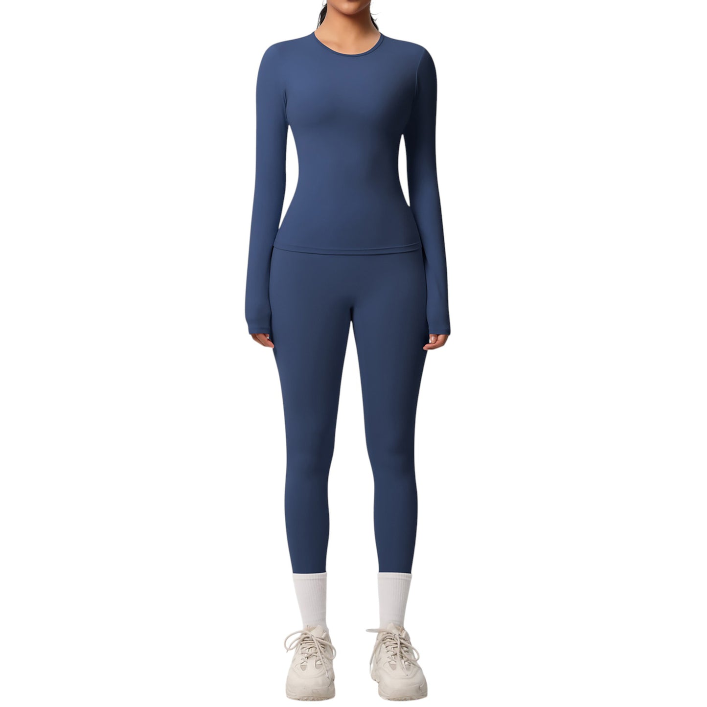Long Sleeve Crew Neck Top and High Waist Leggings Set with Slim Fit Design
