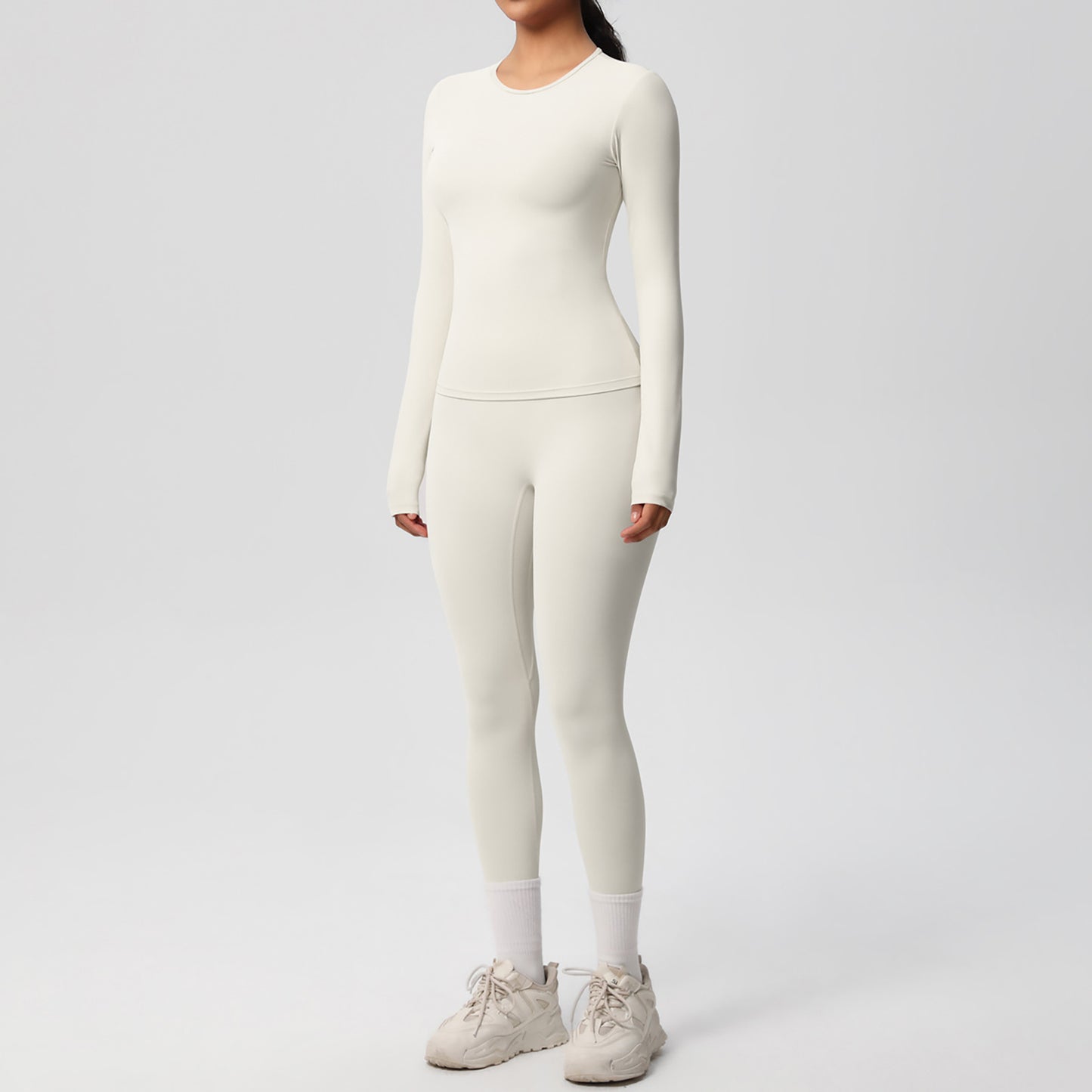 Long Sleeve Crew Neck Top and High Waist Leggings Set with Slim Fit Design