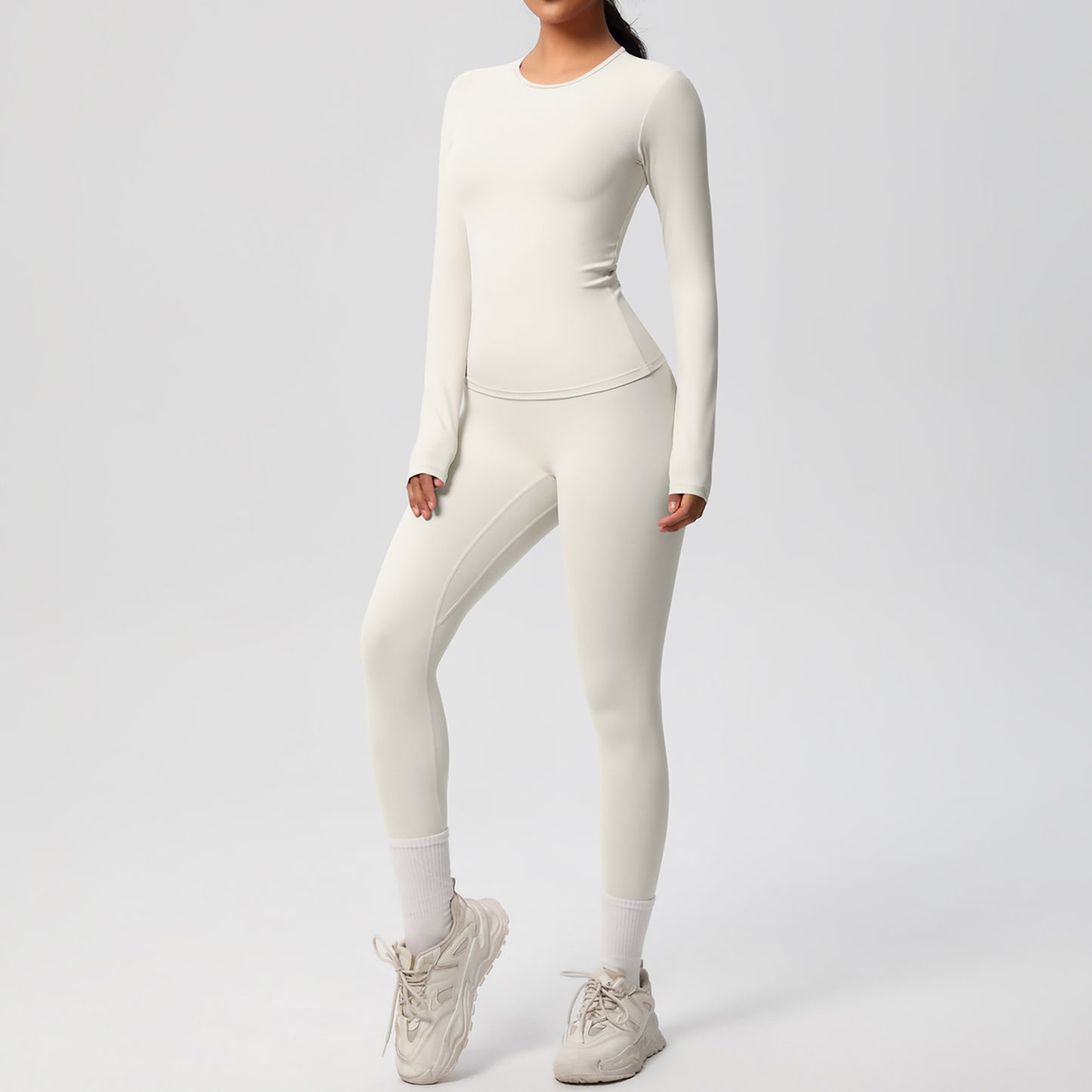 Long Sleeve Crew Neck Top and High Waist Leggings Set with Slim Fit Design