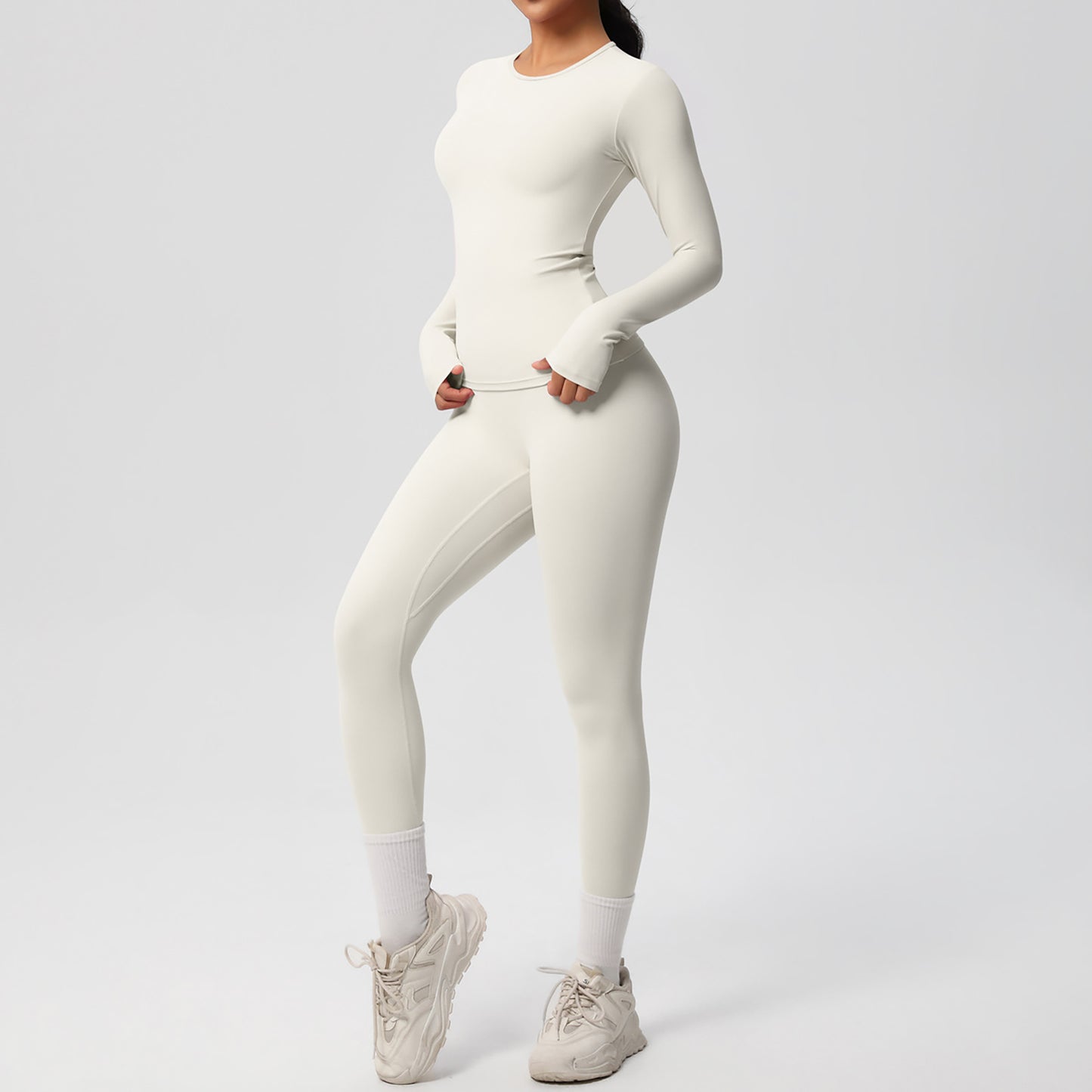 Long Sleeve Crew Neck Top and High Waist Leggings Set with Slim Fit Design