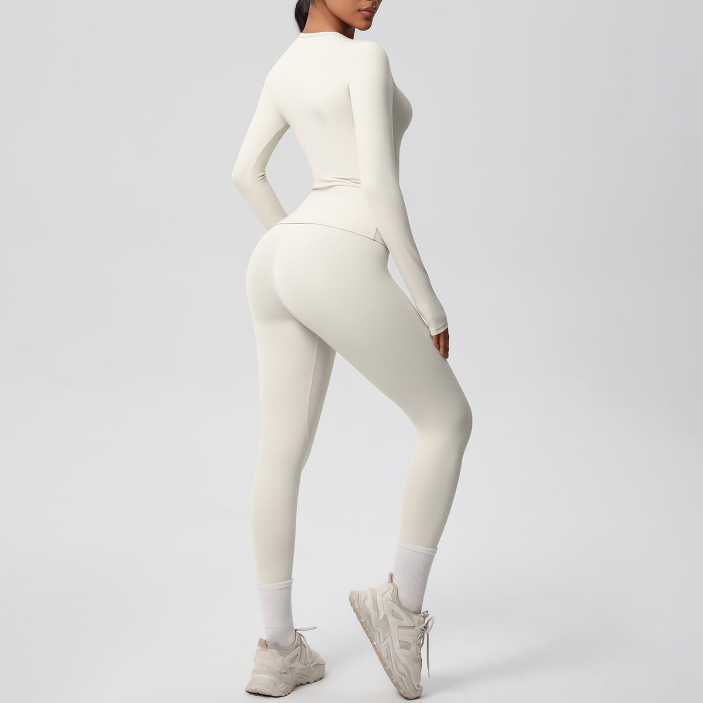 Long Sleeve Crew Neck Top and High Waist Leggings Set with Slim Fit Design