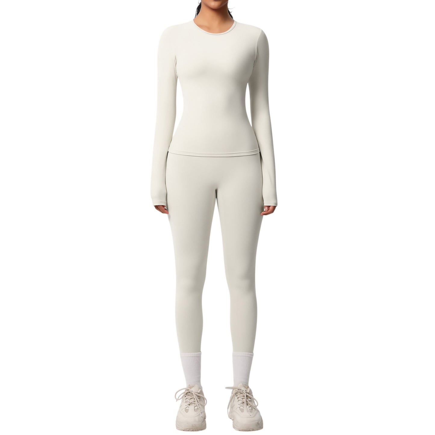 Long Sleeve Crew Neck Top and High Waist Leggings Set with Slim Fit Design
