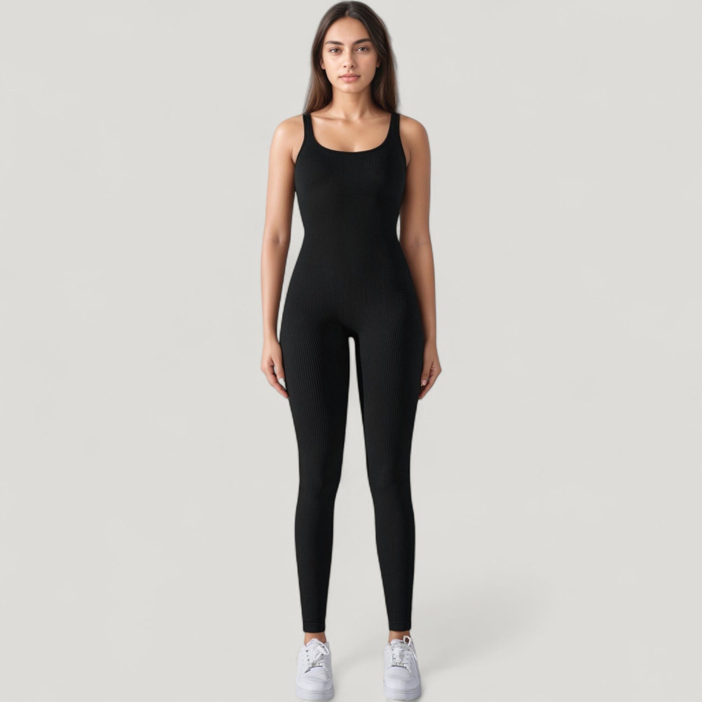 Ribbed Knit Sleeveless Jumpsuit with Scoop Neckline and Bodycon Fit