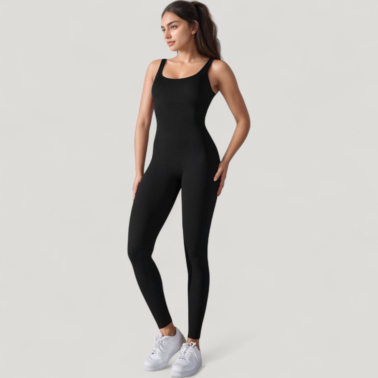 Ribbed Knit Sleeveless Jumpsuit with Scoop Neckline and Bodycon Fit