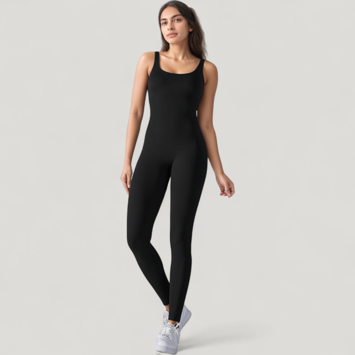 Ribbed Knit Sleeveless Jumpsuit with Scoop Neckline and Bodycon Fit