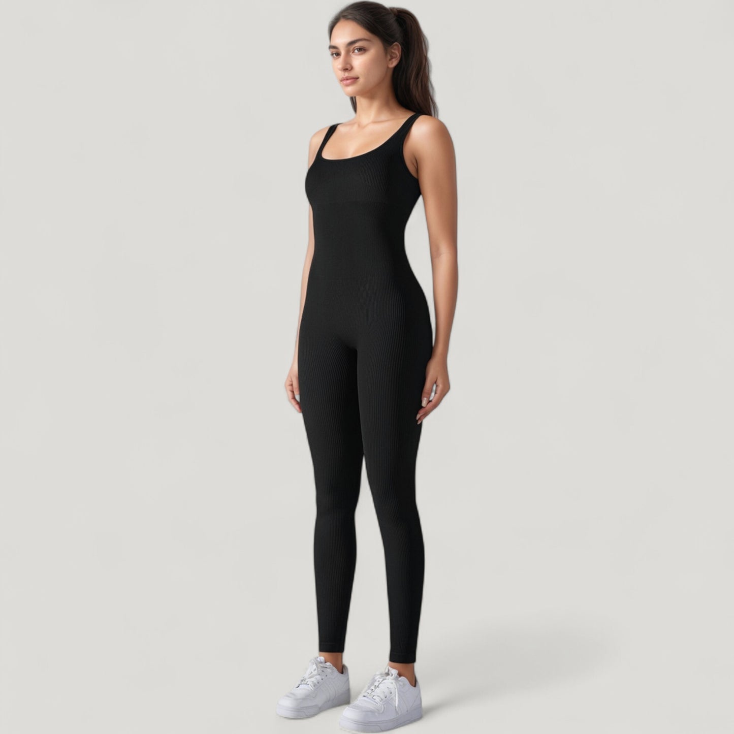 Ribbed Knit Sleeveless Jumpsuit with Scoop Neckline and Bodycon Fit