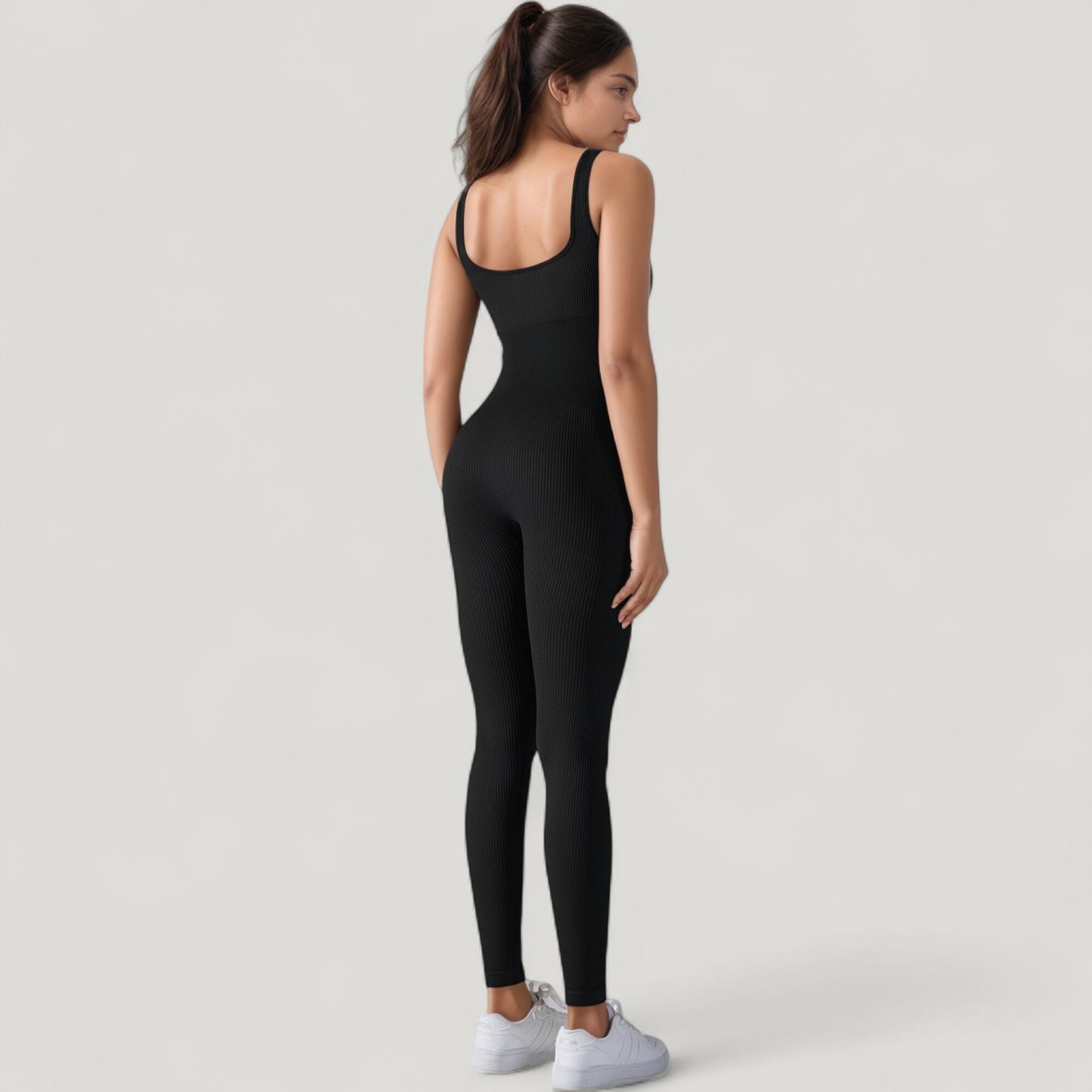 Ribbed Knit Sleeveless Jumpsuit with Scoop Neckline and Bodycon Fit