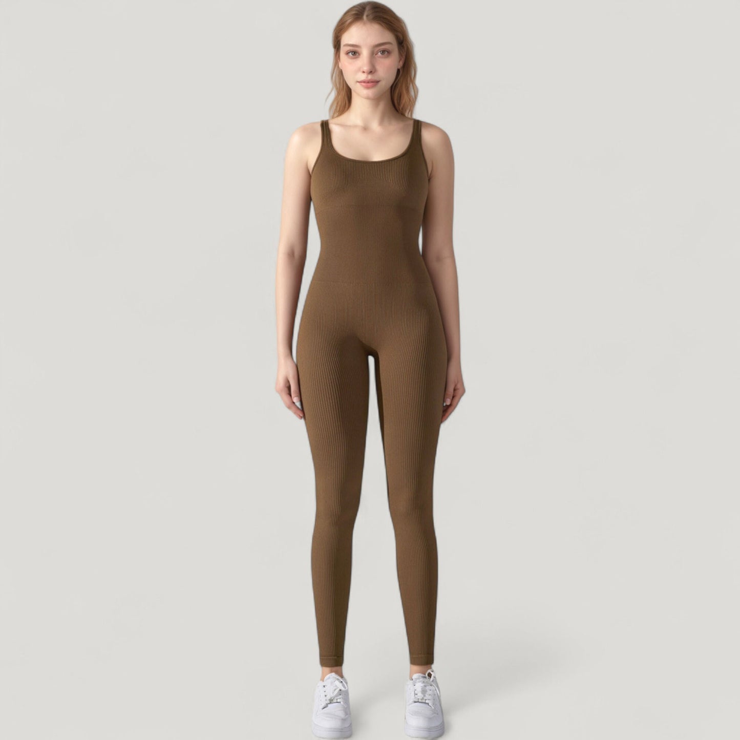 Ribbed Knit Sleeveless Jumpsuit with Scoop Neckline and Bodycon Fit