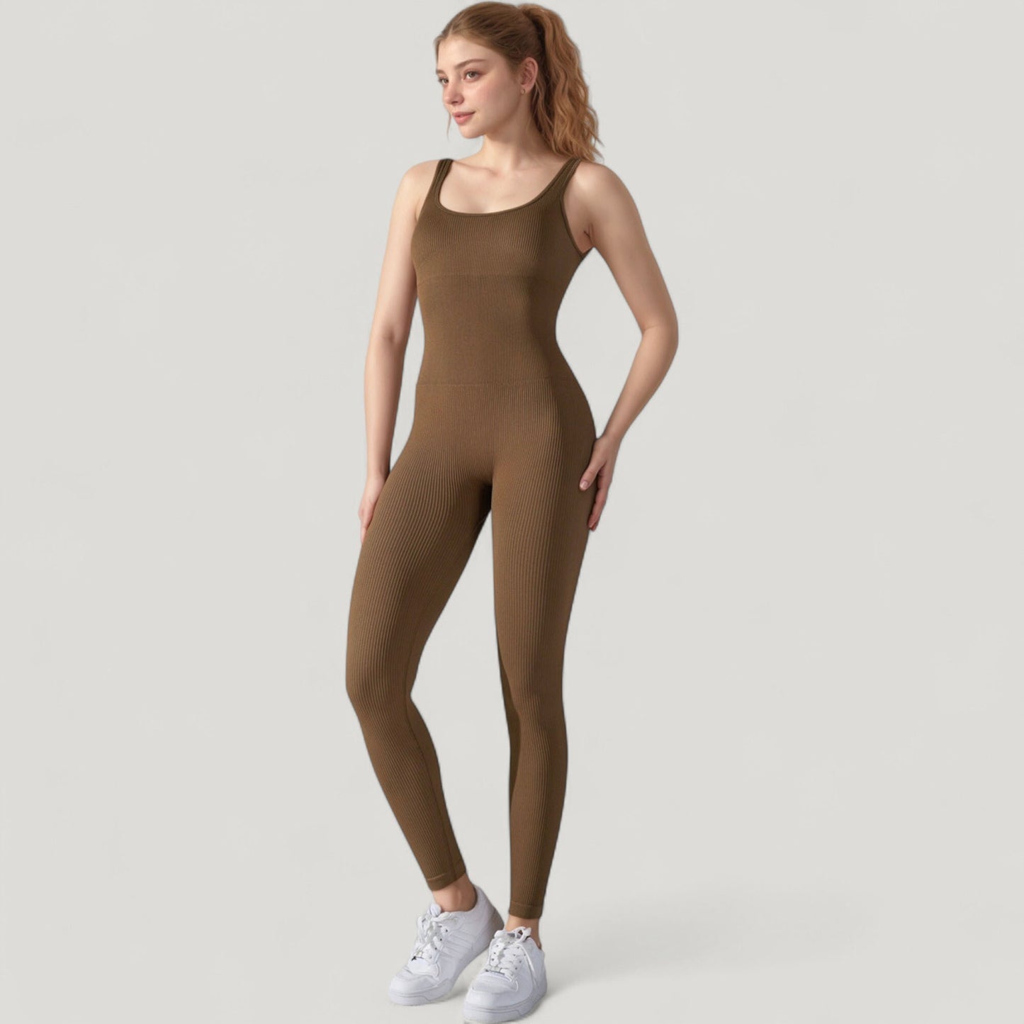 Ribbed Knit Sleeveless Jumpsuit with Scoop Neckline and Bodycon Fit