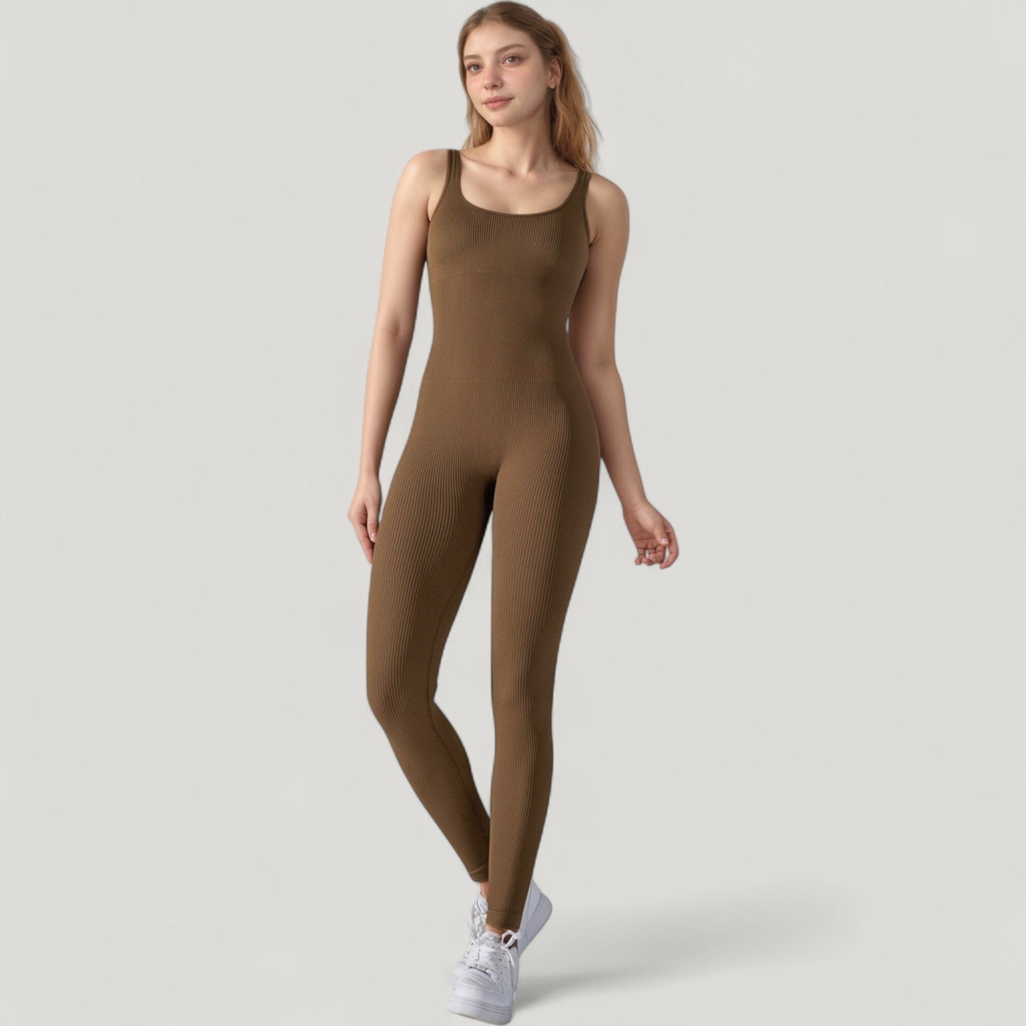 Ribbed Knit Sleeveless Jumpsuit with Scoop Neckline and Bodycon Fit
