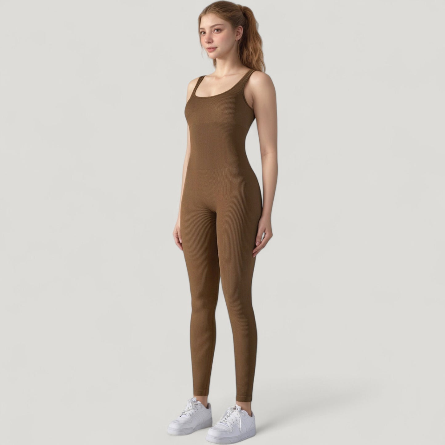 Ribbed Knit Sleeveless Jumpsuit with Scoop Neckline and Bodycon Fit