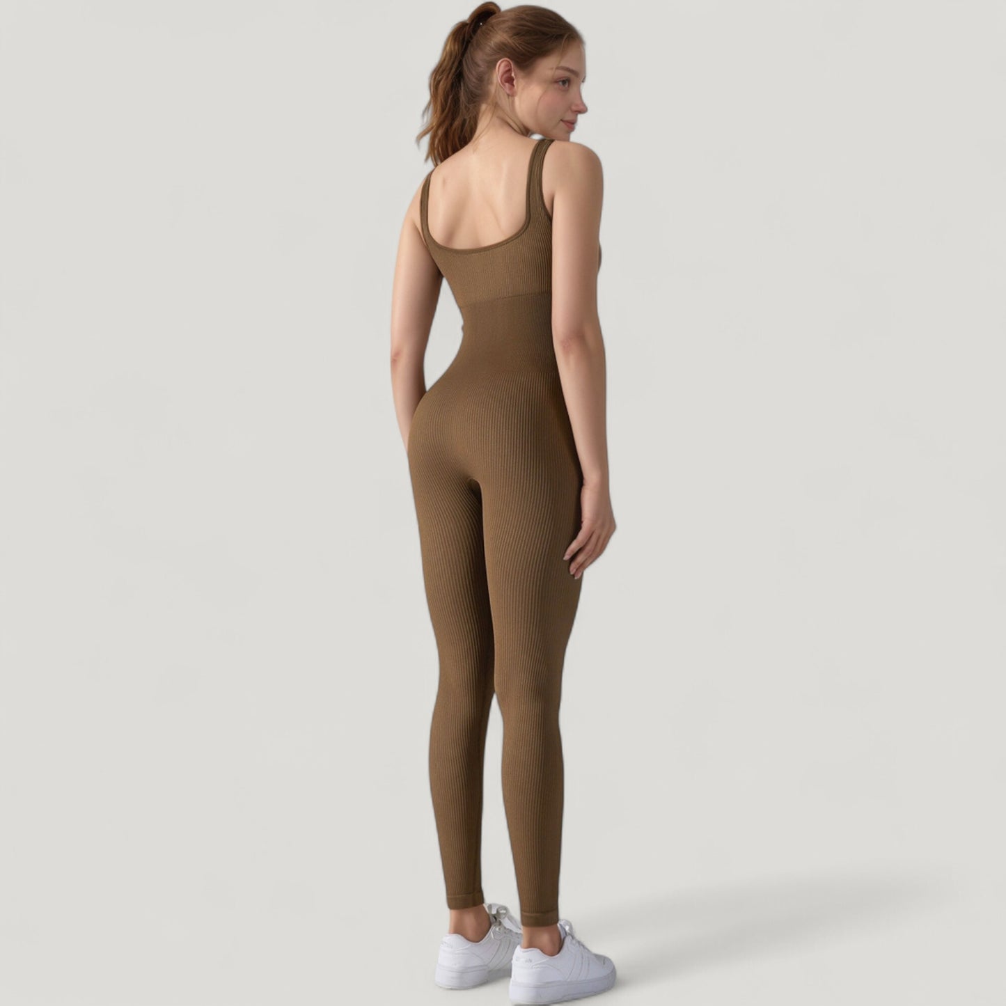 Ribbed Knit Sleeveless Jumpsuit with Scoop Neckline and Bodycon Fit