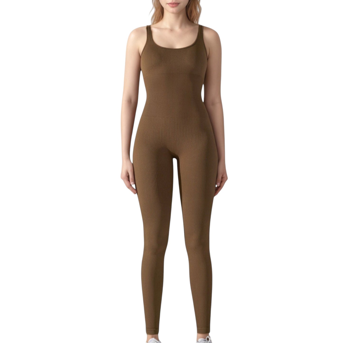 Ribbed Knit Sleeveless Jumpsuit with Scoop Neckline and Bodycon Fit