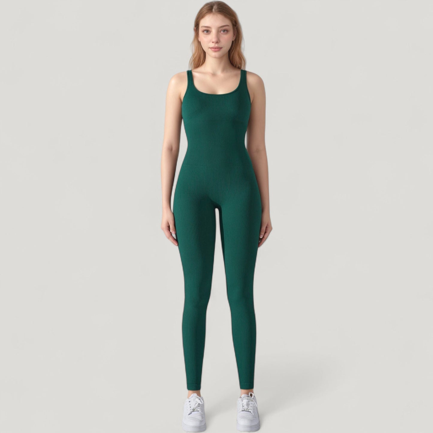 Ribbed Knit Sleeveless Jumpsuit with Scoop Neckline and Bodycon Fit
