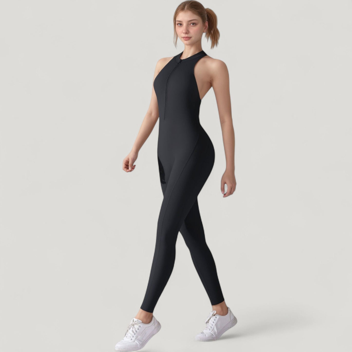 High Neck Sleeveless Activewear Jumpsuit with Back Cutout and Front Zip Closure