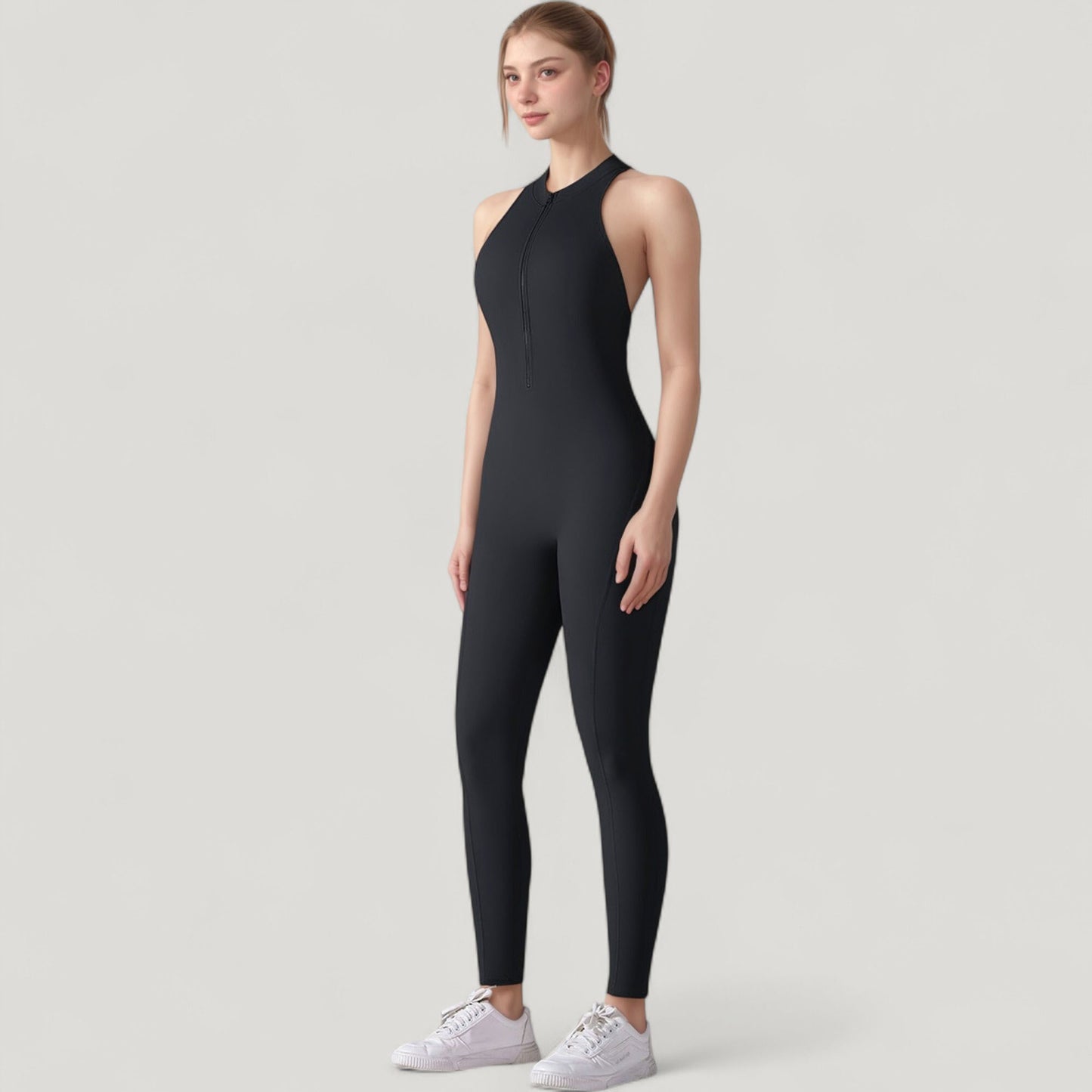 High Neck Sleeveless Activewear Jumpsuit with Back Cutout and Front Zip Closure