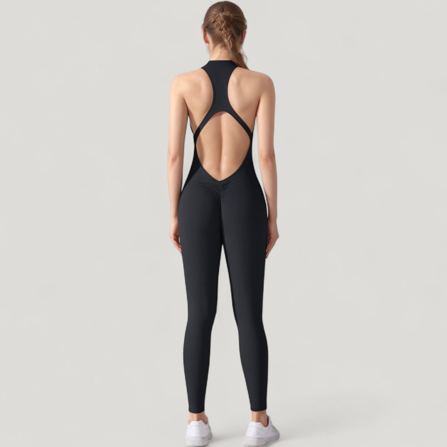 High Neck Sleeveless Activewear Jumpsuit with Back Cutout and Front Zip Closure