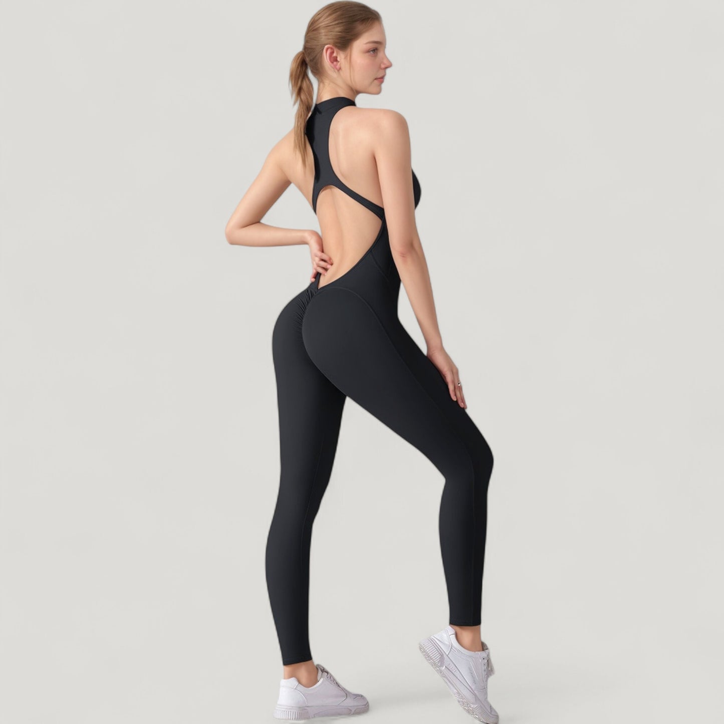 High Neck Sleeveless Activewear Jumpsuit with Back Cutout and Front Zip Closure