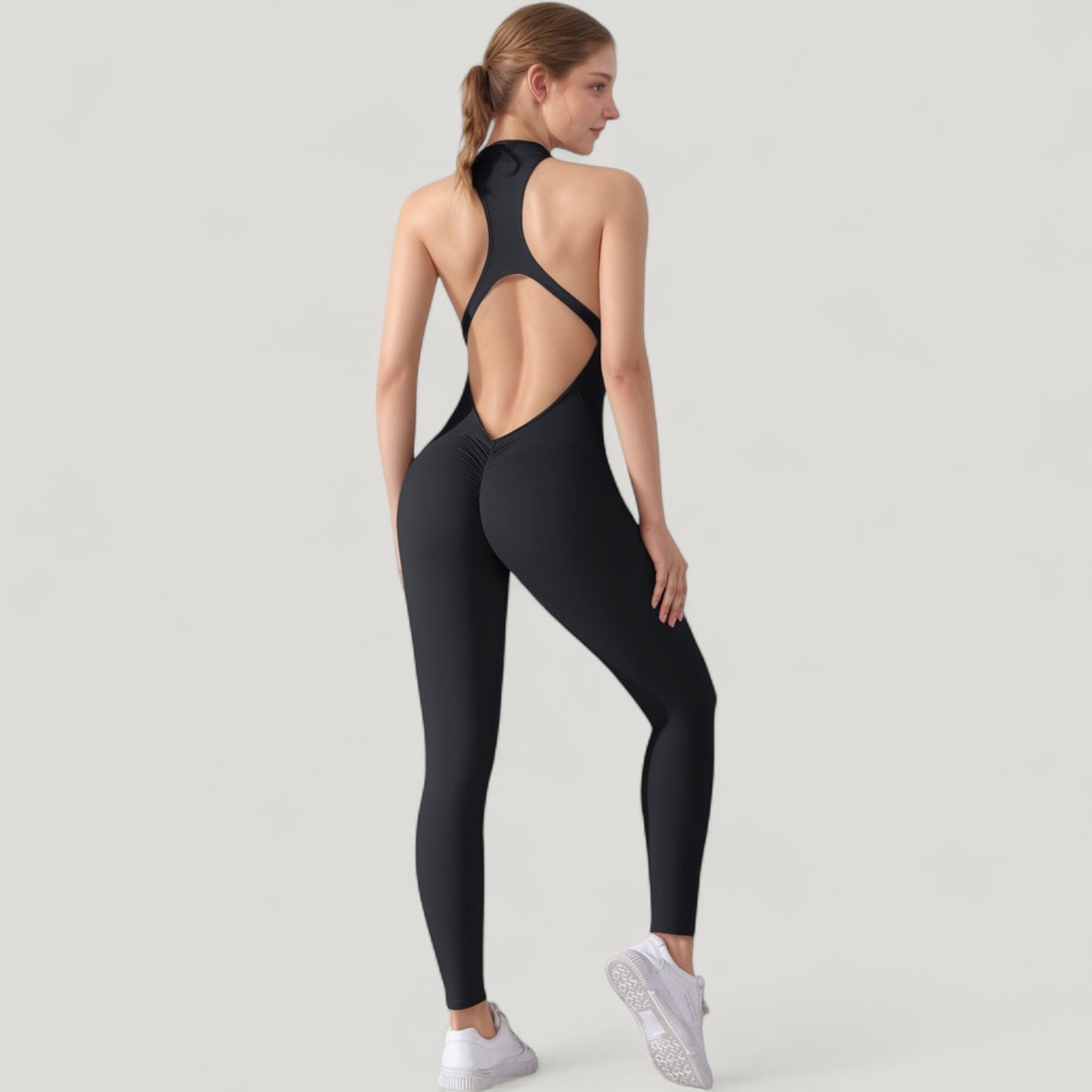 High Neck Sleeveless Activewear Jumpsuit with Back Cutout and Front Zip Closure