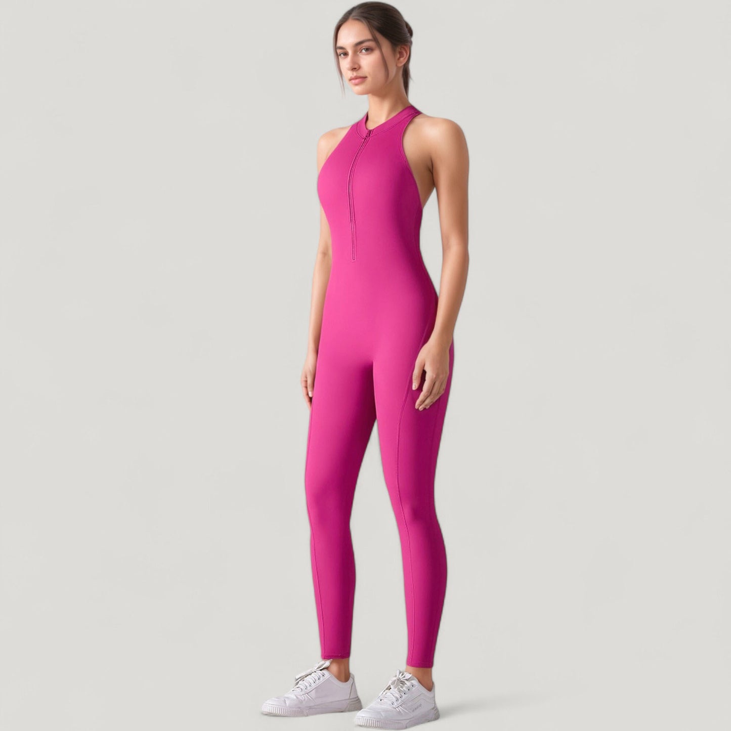High Neck Sleeveless Activewear Jumpsuit with Back Cutout and Front Zip Closure