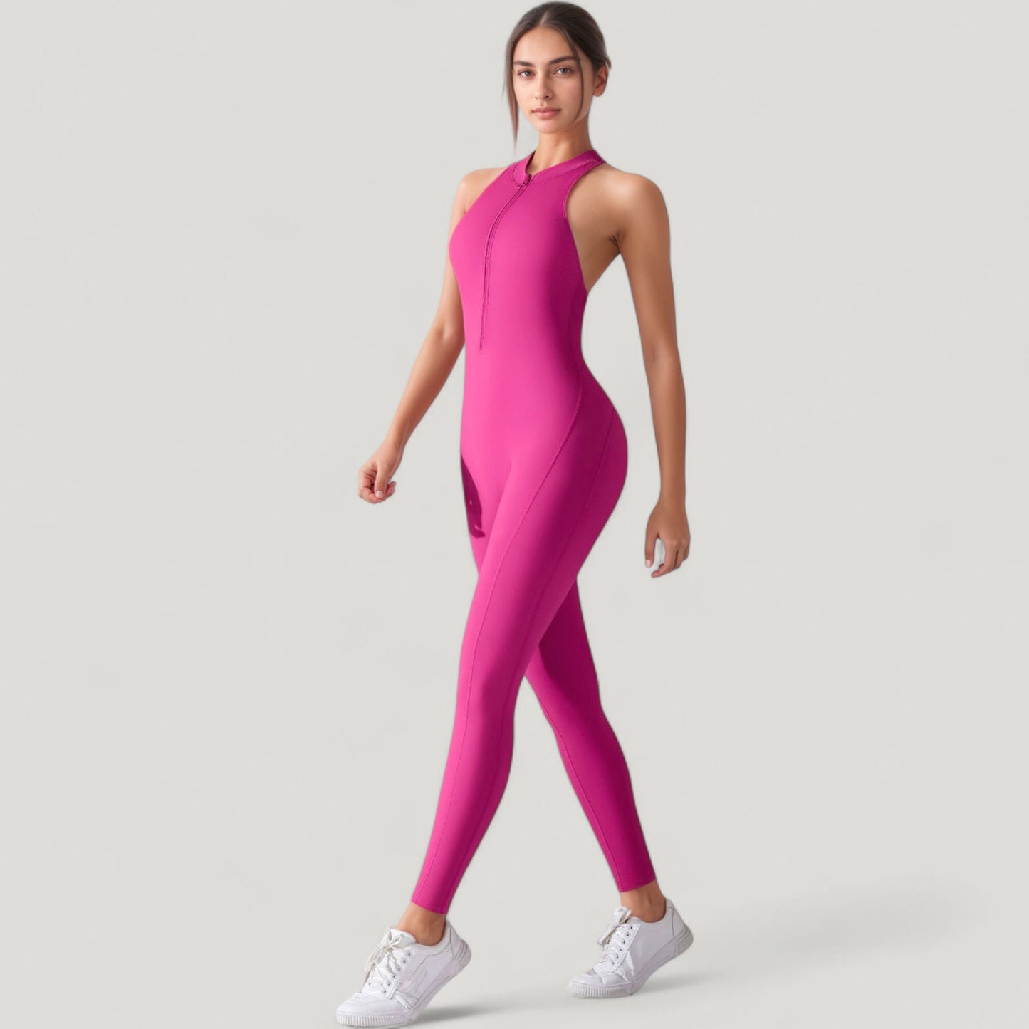 High Neck Sleeveless Activewear Jumpsuit with Back Cutout and Front Zip Closure