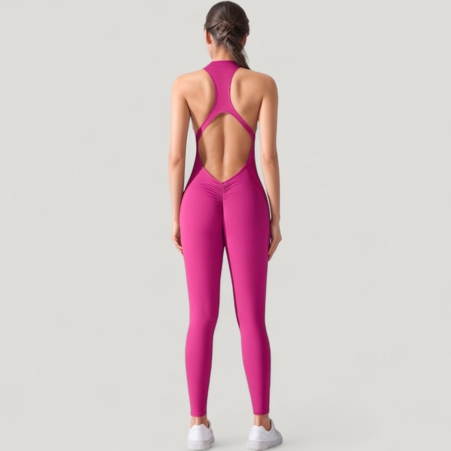 High Neck Sleeveless Activewear Jumpsuit with Back Cutout and Front Zip Closure