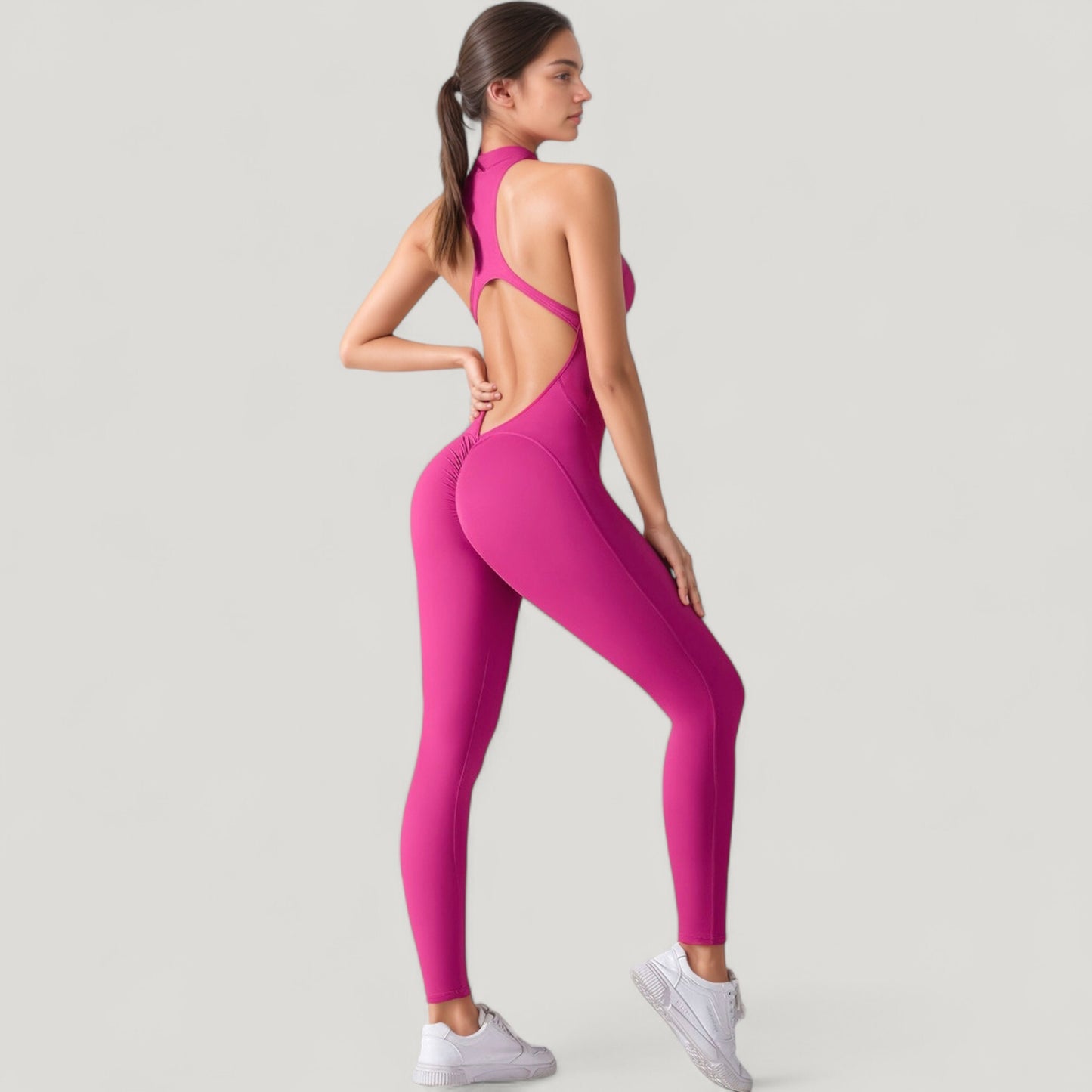 High Neck Sleeveless Activewear Jumpsuit with Back Cutout and Front Zip Closure
