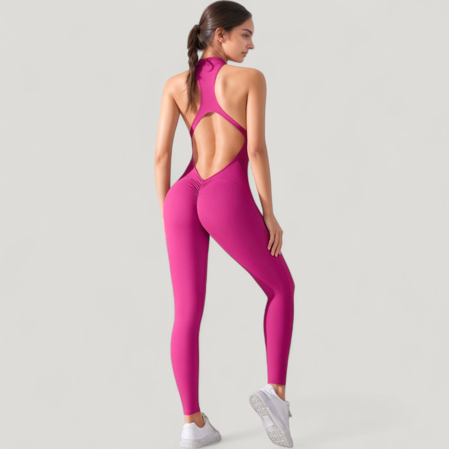 High Neck Sleeveless Activewear Jumpsuit with Back Cutout and Front Zip Closure