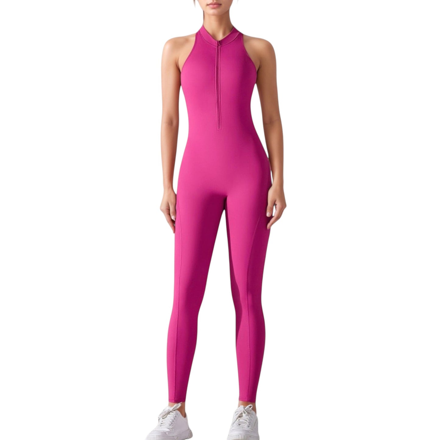 High Neck Sleeveless Activewear Jumpsuit with Back Cutout and Front Zip Closure
