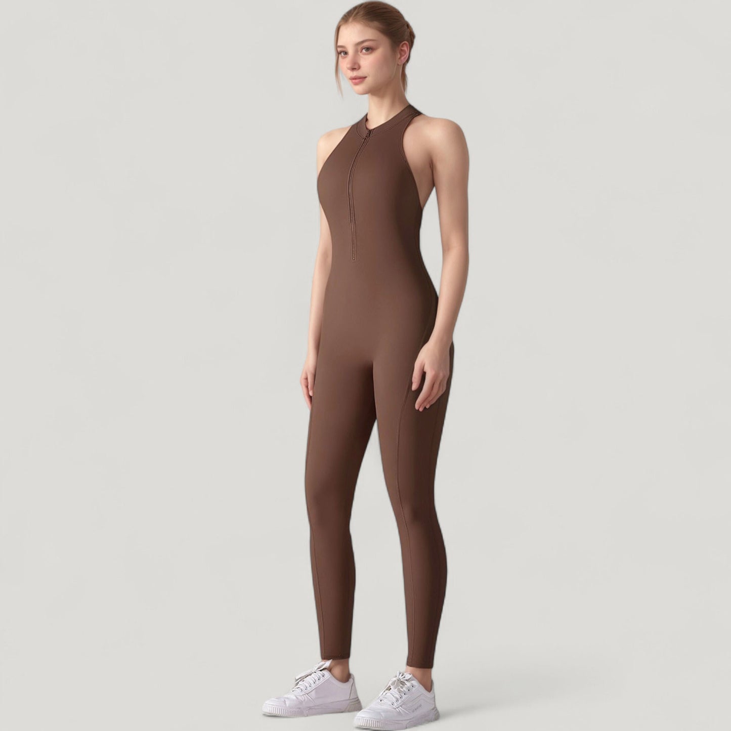 High Neck Sleeveless Activewear Jumpsuit with Back Cutout and Front Zip Closure