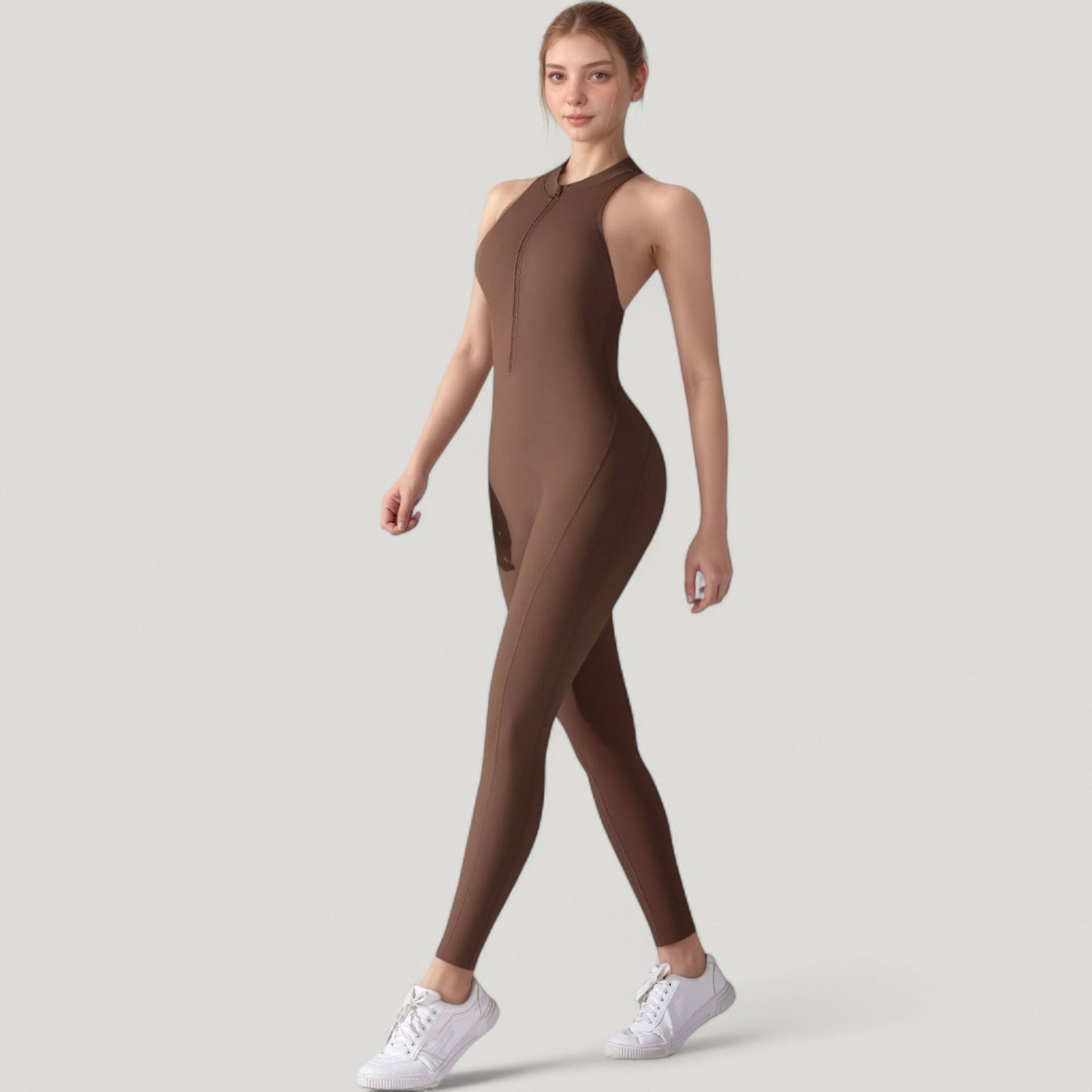 High Neck Sleeveless Activewear Jumpsuit with Back Cutout and Front Zip Closure