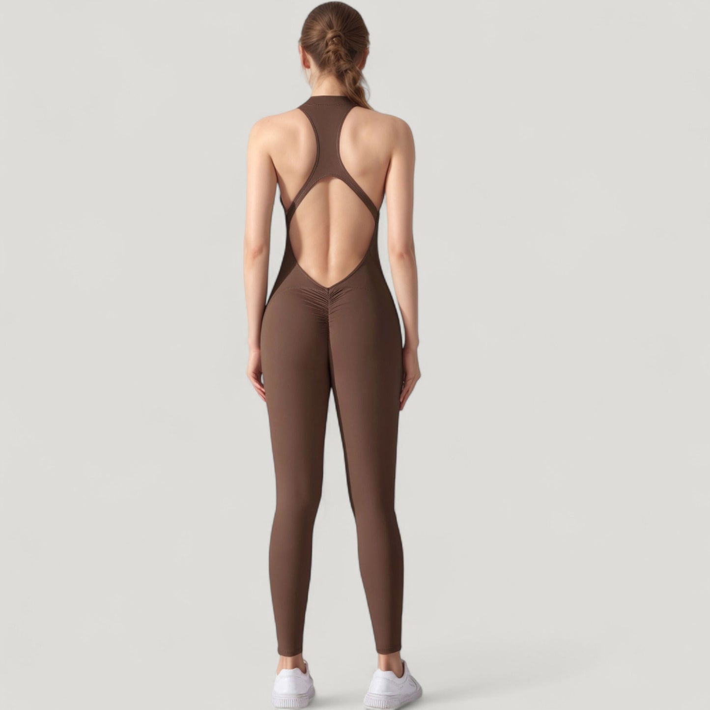High Neck Sleeveless Activewear Jumpsuit with Back Cutout and Front Zip Closure