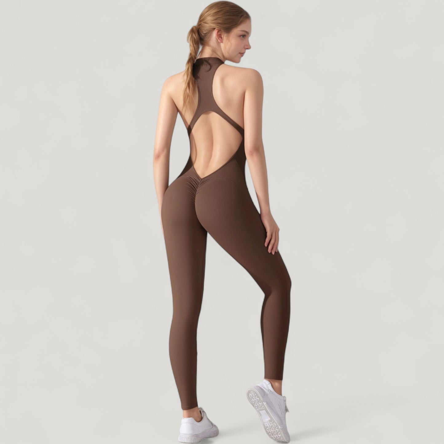 High Neck Sleeveless Activewear Jumpsuit with Back Cutout and Front Zip Closure