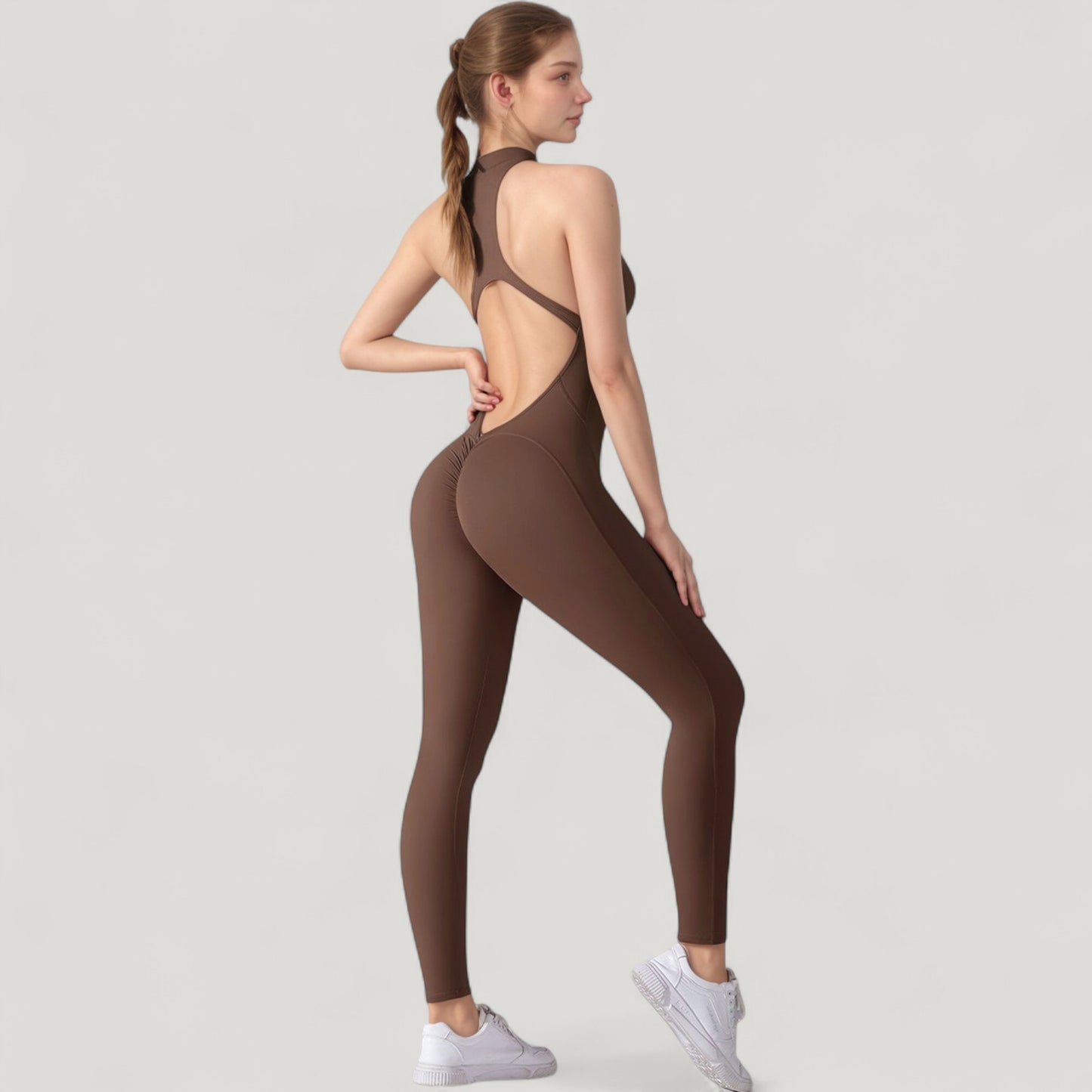 High Neck Sleeveless Activewear Jumpsuit with Back Cutout and Front Zip Closure
