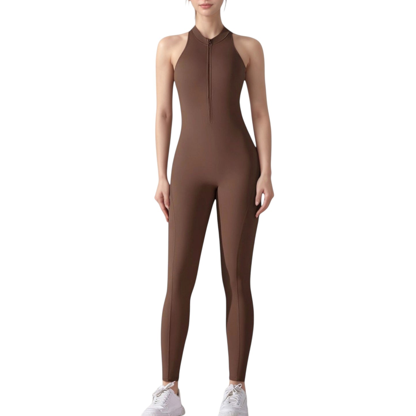 High Neck Sleeveless Activewear Jumpsuit with Back Cutout and Front Zip Closure
