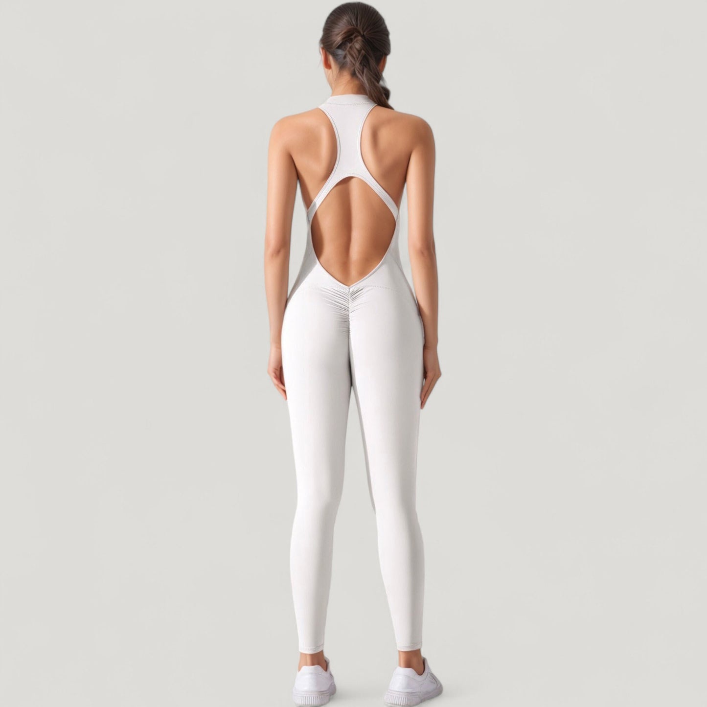 High Neck Sleeveless Activewear Jumpsuit with Back Cutout and Front Zip Closure