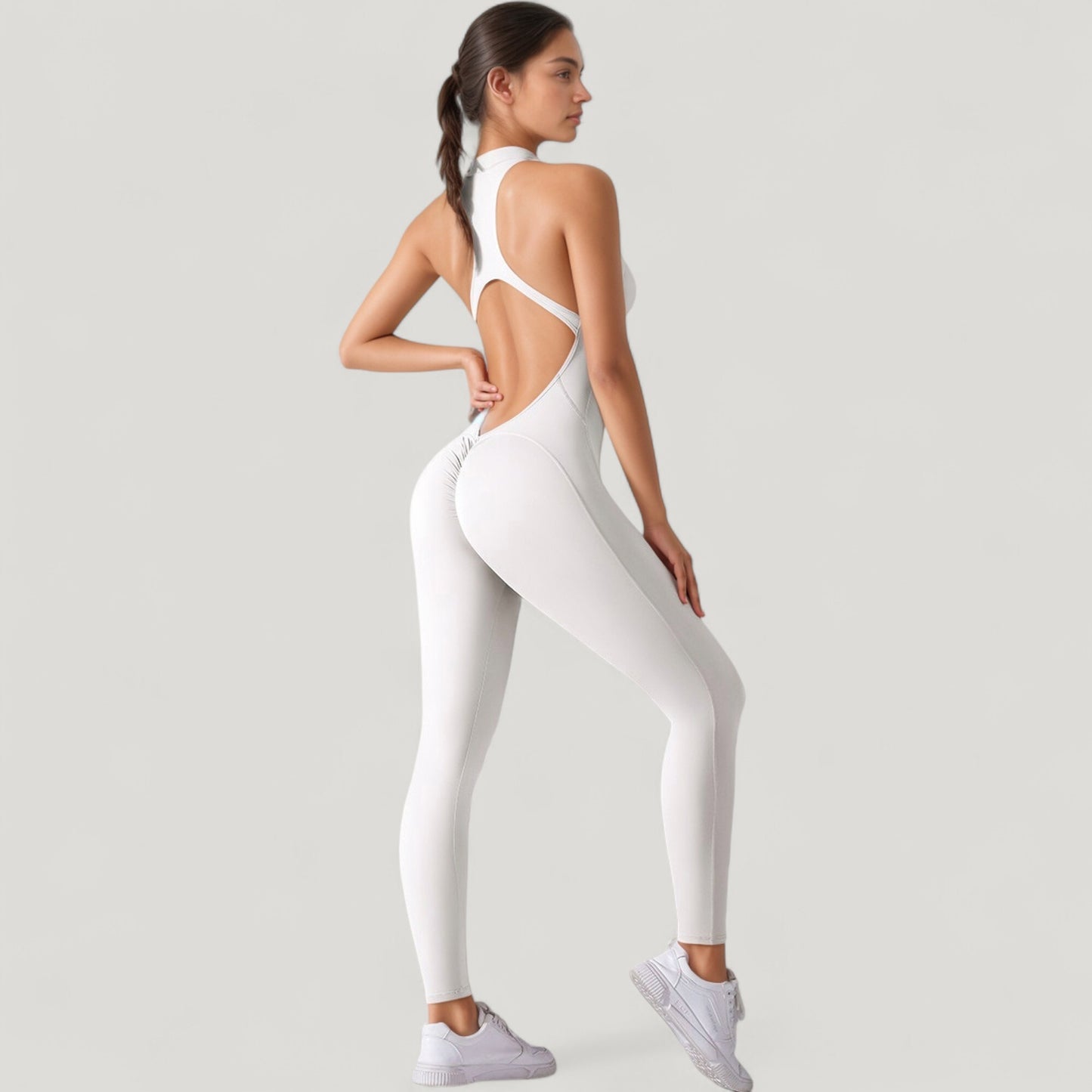 High Neck Sleeveless Activewear Jumpsuit with Back Cutout and Front Zip Closure