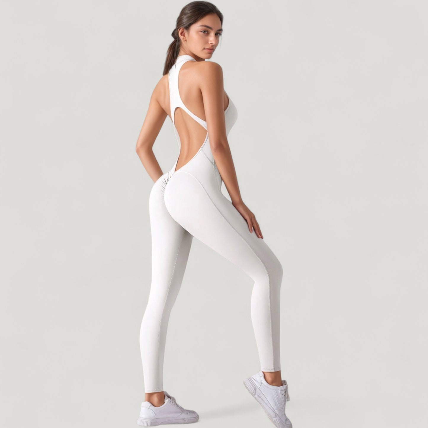 High Neck Sleeveless Activewear Jumpsuit with Back Cutout and Front Zip Closure