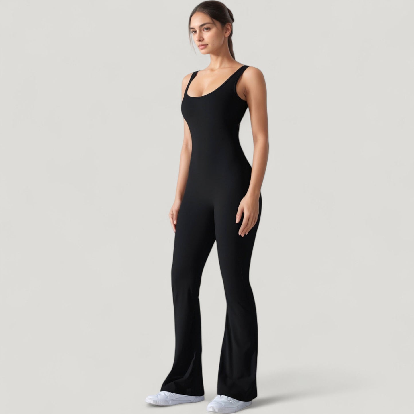 Sleeveless Open Back Fitted Jumpsuit with Flare Leg Design