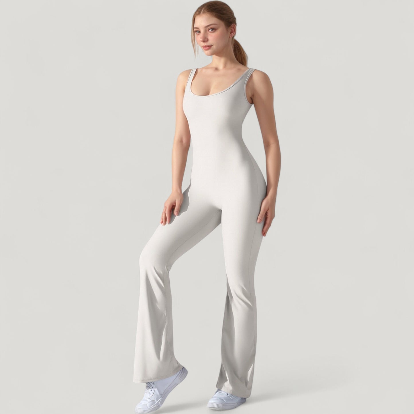 Sleeveless Open Back Fitted Jumpsuit with Flare Leg Design