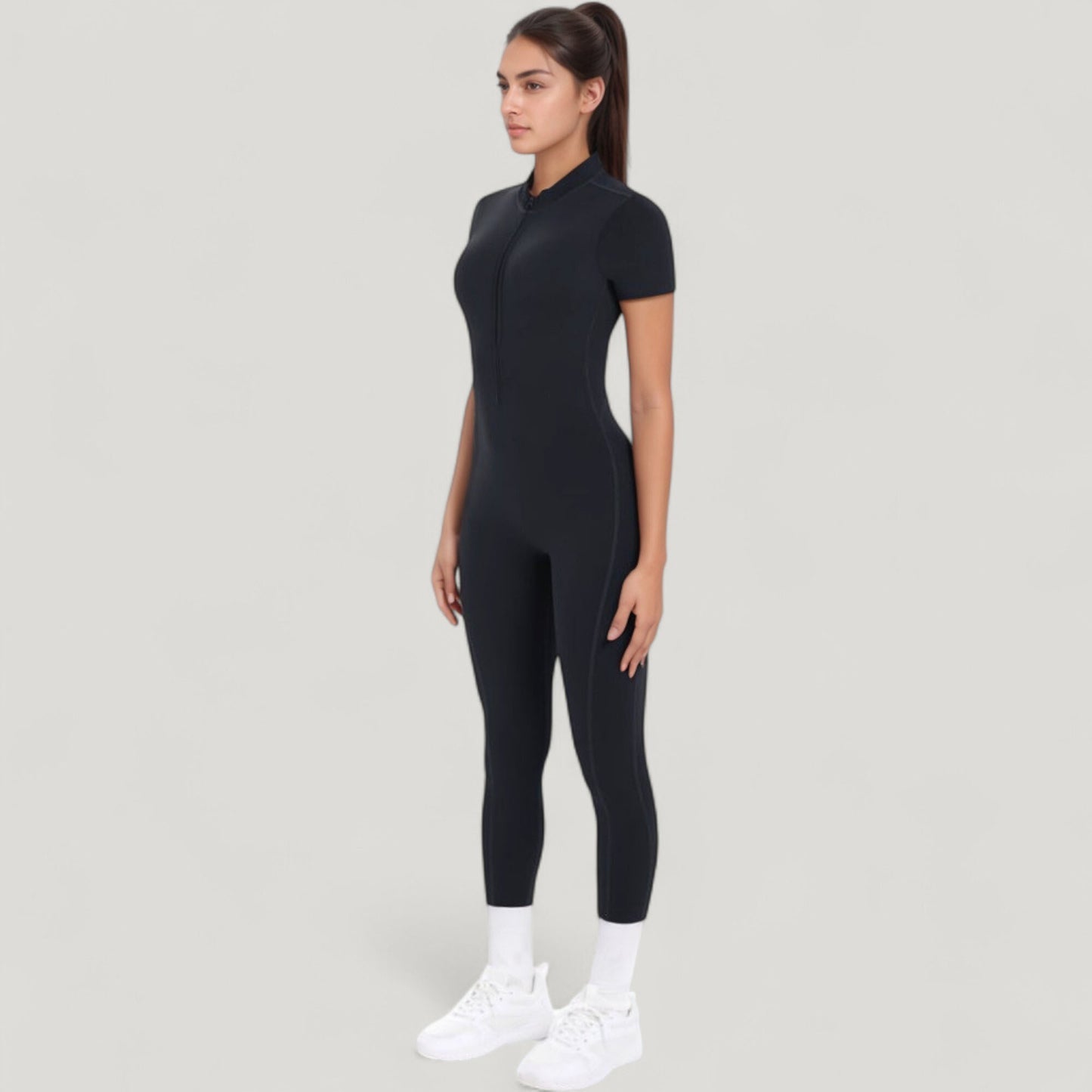 Short Sleeve High Neck Open Back Zip-Up Jumpsuit with Fitted Silhouette and Scrunch Back Detail