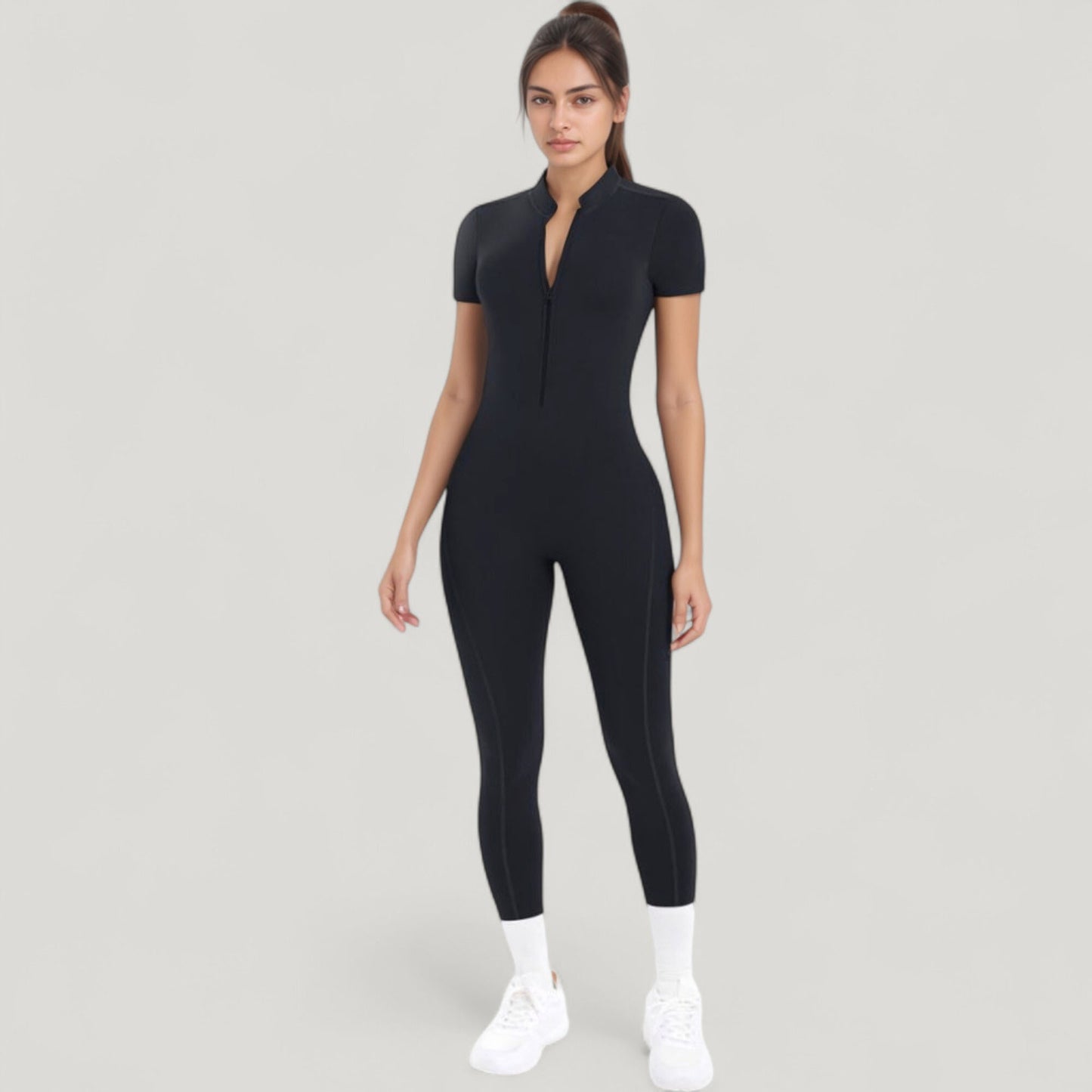 Short Sleeve High Neck Open Back Zip-Up Jumpsuit with Fitted Silhouette and Scrunch Back Detail
