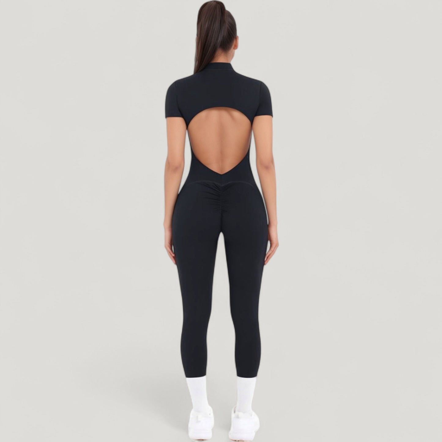 Short Sleeve High Neck Open Back Zip-Up Jumpsuit with Fitted Silhouette and Scrunch Back Detail
