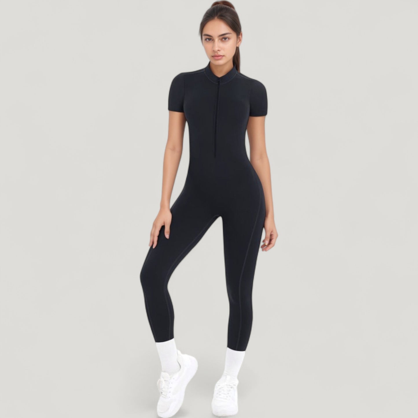 Short Sleeve High Neck Open Back Zip-Up Jumpsuit with Fitted Silhouette and Scrunch Back Detail