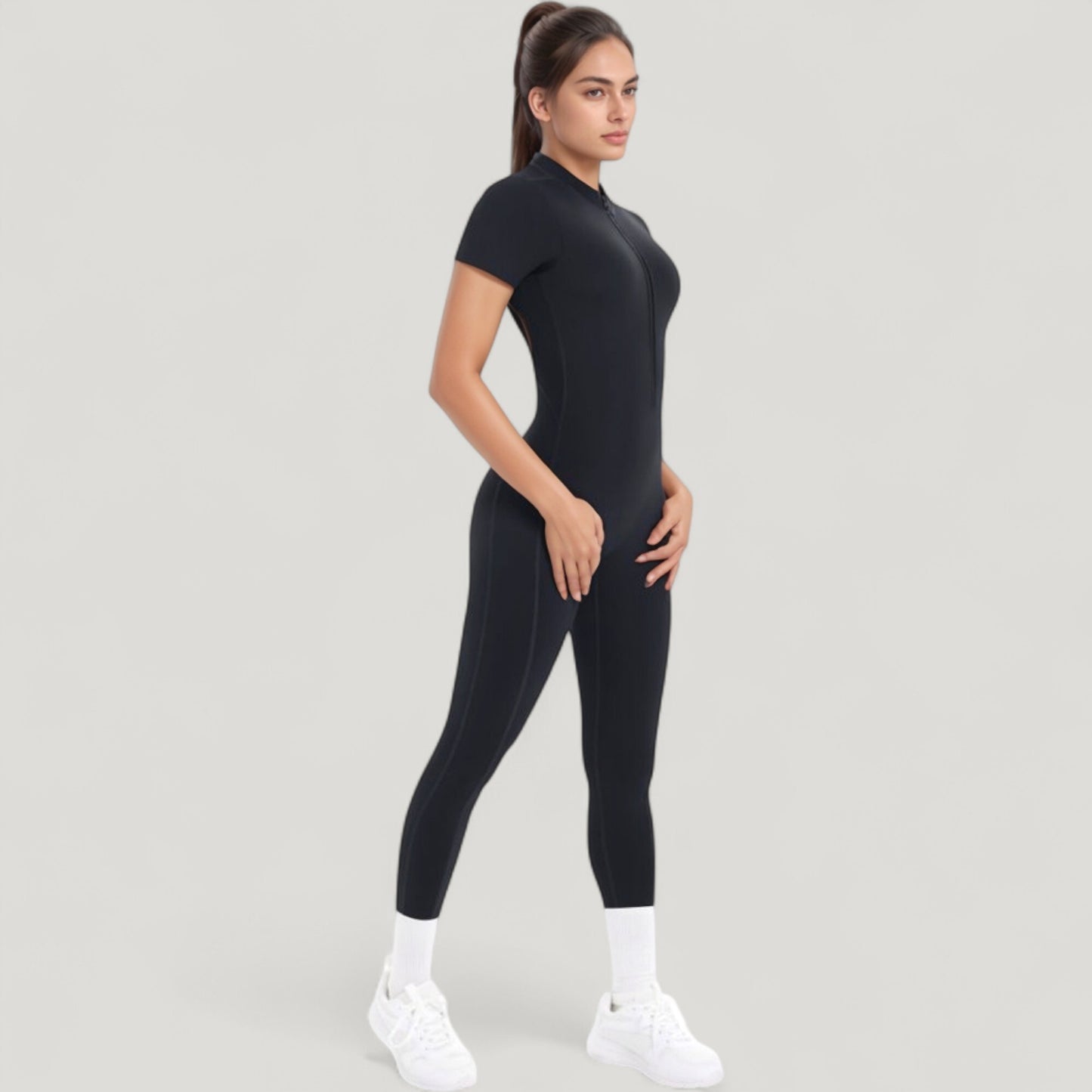 Short Sleeve High Neck Open Back Zip-Up Jumpsuit with Fitted Silhouette and Scrunch Back Detail