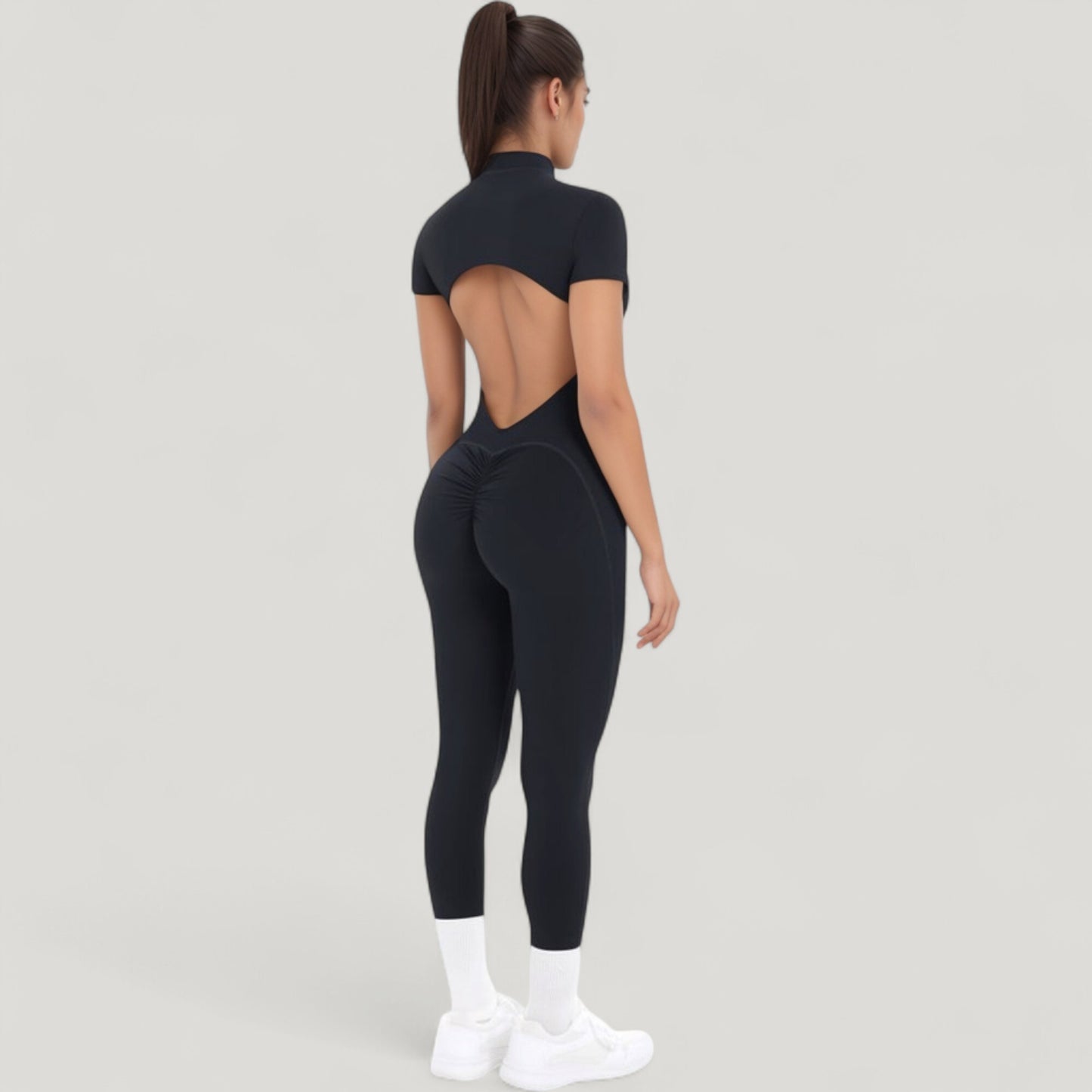 Short Sleeve High Neck Open Back Zip-Up Jumpsuit with Fitted Silhouette and Scrunch Back Detail