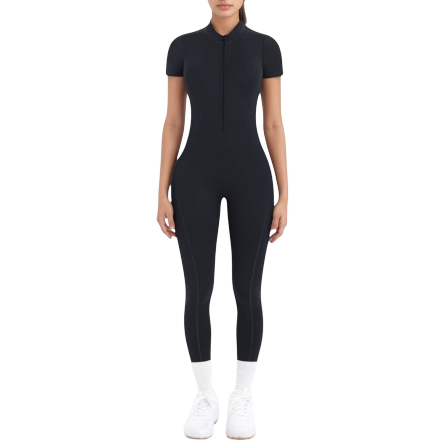 Short Sleeve High Neck Open Back Zip-Up Jumpsuit with Fitted Silhouette and Scrunch Back Detail