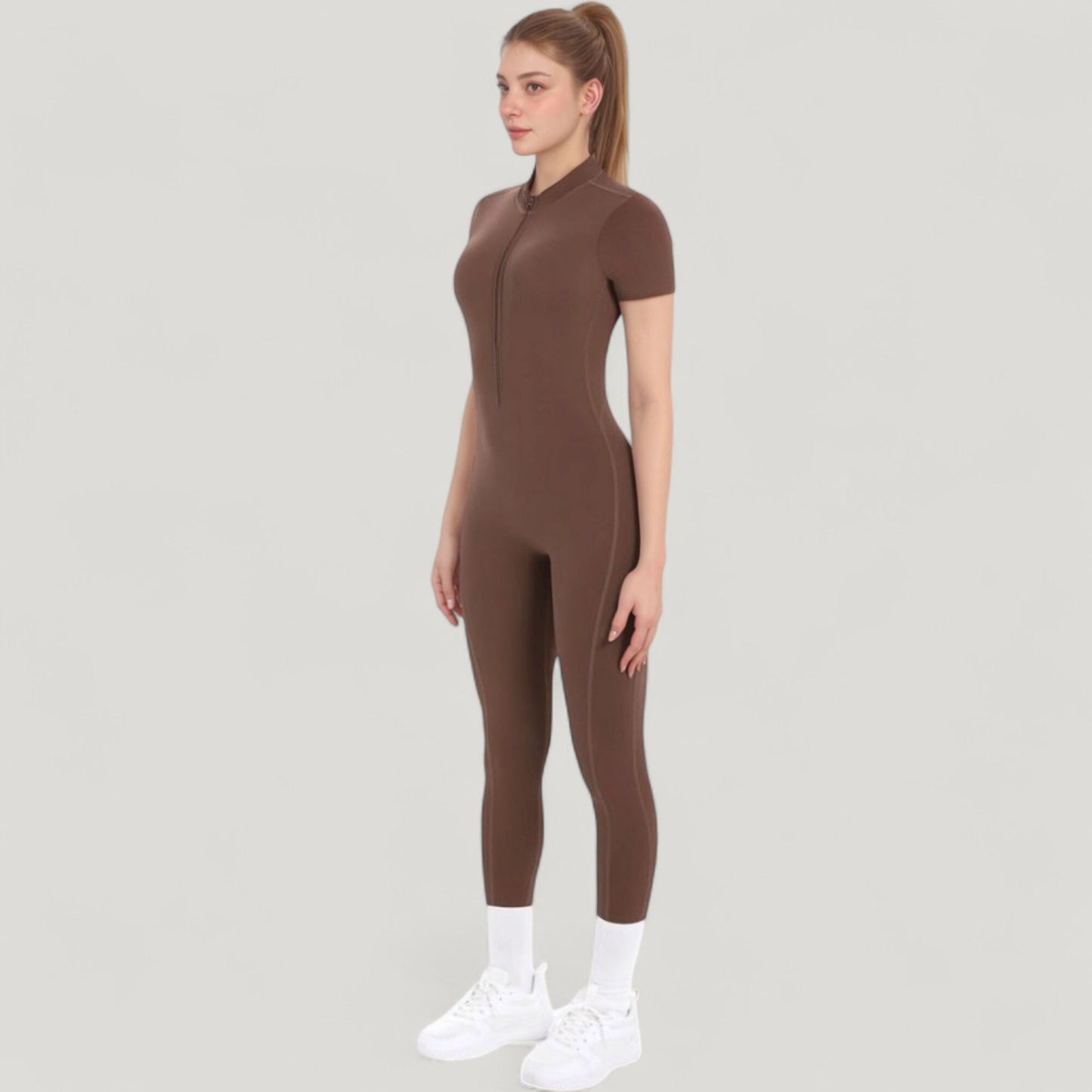 Short Sleeve High Neck Open Back Zip-Up Jumpsuit with Fitted Silhouette and Scrunch Back Detail
